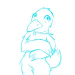  ambiguous_gender anatid anseriform anthro avian beak bird blue_outline duck looking_at_viewer low_res outline simple_background solo standing unknown_artist white_background white_body wings 
