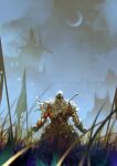  1other absurdres ambiguous_gender armor bridge cloud cloudy_sky commentary dark_souls_(series) dragon english_commentary flag fog from_behind fur_trim grass helm helmet highres kalmahul kneeling knight moon nature sky torn_flag tower wings 