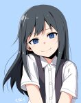  1girl asashio_(kancolle) black_hair blue_background blue_eyes blush buttons closed_mouth collared_shirt eyebrows_visible_through_hair hair_between_eyes kantai_collection long_hair looking_at_viewer moti_coi shirt short_sleeves signature simple_background smile solo upper_body white_shirt 