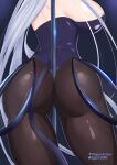  1girl absurdres areola_slip areolae artist_name ass azur_lane between_buttocks blue_hair breasts from_behind head_out_of_frame highres huge_breasts leotard long_hair new_jersey_(azur_lane) new_jersey_(exhilarating_steps!)_(azur_lane) pantyhose patreon_logo playboy_bunny purple_leotard pussy_juice regen solo strapless strapless_leotard stripper_pole thighs very_long_hair 