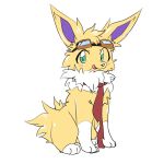  chiyosuke_masin eeveelution eyewear feral fur goggles goggles_on_head green_body jolteon looking_at_viewer male nintendo pok&eacute;mon pok&eacute;mon_(species) scarf shrike_alvaron sitting solo tongue tongue_out video_games white_body white_fur white_paws_(anatomy) yellow_body yellow_fur 