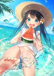  1girl :d bangs beach black_hair blue_eyes blue_shirts blue_sky cloud commentary_request day eeating feet fish flower food foot_out_of_frame fruit hair_flower hair_ornament hat highres holding holding_food holding_fruit horizon kitazume_kumie looking_at_viewer midriff navel ocean open_mouth original outdoors palm_tree partially_submerged shirt sitting sky sleeveless sleeveless_shirt smile soles solo splashing straw_hat summer toes tree water water_drop watermelon watermelon_slice white_shirt 