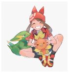  1girl bandana bangs bike_shorts black_legwear blush brown_hair closed_eyes collared_shirt commentary_request electrike eyebrows_visible_through_hair gen_3_pokemon grin highres holding holding_pokemon kikuyoshi_(tracco) long_hair may_(pokemon) pokemon pokemon_(creature) pokemon_(game) pokemon_rse red_shirt shirt shoes short_sleeves signature smile socks starter_pokemon torchic white_background 