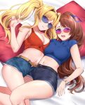  2girls alternate_costume asymmetrical_bangs asymmetrical_docking bangs bare_legs beatrix_(granblue_fantasy) bed_sheet belt belt_buckle black_hairband black_shorts blonde_hair blue-tinted_eyewear blue_shirt blue_shorts blush breast_press breasts brown_hair buckle casual cleavage crop_top denim denim_shorts eyebrows_visible_through_hair feet_out_of_frame granblue_fantasy hairband highres kauru00 long_hair looking_at_viewer lying medium_breasts multiple_girls navel on_back on_side open_clothes open_fly open_mouth open_shorts over-rim_eyewear parted_lips pillow pink-tinted_eyewear ponytail red_tank_top semi-rimless_eyewear shirt short_shorts short_sleeves shorts sidelocks sleeveless smile stomach sunglasses sweat tank_top twintails watch white-framed_eyewear wristwatch zeta_(granblue_fantasy) 