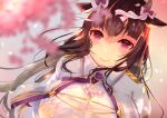  1girl animal_ears azur_lane blurry blurry_background bow breasts brown_hair capelet cow_ears cow_girl cow_horns hair_bow hand_on_own_chest horns huge_breasts kashino_(azur_lane) long_hair looking_at_viewer lucky_daikichi purple_eyes shirt solo very_long_hair white_bow white_capelet white_shirt 