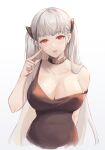  1girl arm_at_side azur_lane bangs bare_shoulders blush breasts brown_choker brown_dress choker cleavage dress earrings eyebrows_visible_through_hair formidable_(azur_lane) index_finger_raised jewelry large_breasts long_hair looking_at_viewer olin_(nienxddd) open_mouth red_eyes silver_hair simple_background sleeveless sleeveless_dress solo straight_hair strap_slip very_long_hair white_background 