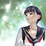  1girl backpack bag black_eyes black_hair black_sailor_collar blurry blurry_background blush hair_behind_ear hand_up highres hiramedousa long_sleeves original parted_lips sailor_collar school_uniform serafuku shirt short_hair solo uniform white_shirt 