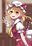  1girl :d absurdres ascot blonde_hair blurry blurry_background blush brooch commentary_request crystal dress flandre_scarlet flat_chest from_side hat heart highres indoors jewelry keenii_(kenny86) looking_at_viewer mob_cap one_side_up open_mouth pointy_ears red_dress red_eyes short_hair smile solo touhou upper_body waving wings yellow_neckwear 