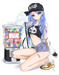  1girl artist_name bandaid bandaid_on_knee bandaid_on_leg banned_artist bare_shoulders baseball_cap black_headwear black_shirt blue_eyes blue_hair candy chaesu commentary crop_top english_commentary food hat highres jacket long_hair long_sleeves looking_at_viewer midriff minah_(chaesu) multicolored multicolored_eyes off_shoulder original shirt shoes short_shorts shorts sleeveless sleeveless_shirt sneakers socks stomach t-shirt thighs twitter_username white_background white_legwear 