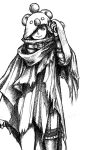  1girl adjusting_hood character_hood cloak final_fantasy final_fantasy_vii final_fantasy_vii_remake greyscale hood_over_one_eye monochrome nomura_tetsuya official_art short_shorts shorts simple_background single_thighhigh sketch smile solo standing thighhighs yuffie_kisaragi 