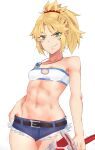  abs angry_sex bangs blonde_hair breasts deccatezu fate/apocrypha fate/grand_order fate_(series) green_eyes hair_ornament highres md5_mismatch mordred_(fate) mordred_(fate)_(all) ponytail resolution_mismatch shorts solo source_smaller sword thighs tomboy weapon 