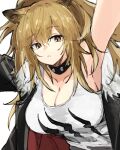  1girl animal_ears arknights arms_up black_collar black_jacket blonde_hair breasts cleavage collar collarbone exion_(neon) eyebrows_visible_through_hair fur-trimmed_jacket fur_trim jacket large_breasts leather leather_jacket lion_ears long_hair looking_at_viewer ponytail shirt siege_(arknights) solo studded_collar upper_body white_shirt yellow_eyes 