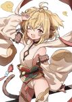  1girl absurdres ahoge andira_(granblue_fantasy) animal_ears blonde_hair detached_leggings erune gazacy_(dai) hagoromo highres monkey monkey_ears monkey_girl monkey_tail one_eye_closed open_mouth red_eyes shawl short_hair smile solo tail 