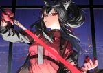  1girl animal_ear_fluff animal_ears arknights black_hair black_jacket breasts energy_sword gloves grey_neckwear highres holding holding_sword holding_weapon jacket kokorozou looking_at_viewer medium_breasts mouth_hold multicolored_hair necktie official_alternate_costume open_clothes open_jacket red_eyes red_gloves red_hair red_shirt shell_casing shirt solo streaked_hair sword texas_(arknights) texas_(willpower)_(arknights) upper_body weapon window wolf_ears 