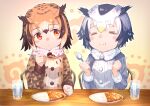  2girls :t bird_girl bird_wings black_hair blonde_hair blush brown_coat brown_hair chair clenched_hands closed_eyes closed_mouth coat commentary_request curry eating eurasian_eagle_owl_(kemono_friends) eyebrows_visible_through_hair food fur_collar fur_trim grey_hair hair_between_eyes head_wings kemono_friends long_sleeves matsuhisa_(ryo-tsuda1) multicolored_hair multiple_girls northern_white-faced_owl_(kemono_friends) orange_eyes owl_ears owl_girl short_hair table white_coat white_fur white_hair wings winter_clothes winter_coat 
