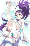  1girl boots commentary_request cure_white detached_sleeves futari_wa_precure hair_between_eyes hair_ornament heart heart_hair_ornament ixy leg_up long_hair looking_at_viewer magical_girl precure purple_eyes purple_hair solo white_footwear yukishiro_honoka 