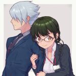  1boy 1girl anosillus_ii anti_(ssss.gridman) arm_hug black-framed_eyewear black_neckwear brown_eyes frown glasses green_hair grey_hair gridman_universe hair_over_eyes id_card lanyard looking_at_viewer mmuttonn necktie ssss.dynazenon uniform upper_body 