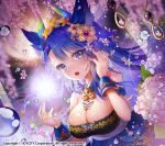  1girl :o animal_ears apple_caramel blue_eyes blue_hair breasts cleavage copyright_request droplets flower gem hair_flower hair_ornament hands_up highres horns hydrangea large_breasts long_hair looking_at_viewer official_art petals solo upper_body wisteria wristband 