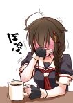  1girl ahoge black_gloves black_serafuku blush braid brown_hair commentary_request covering_mouth cup fingerless_gloves full-face_blush gloves gouta_(nagishiro6624) hair_flaps hair_over_shoulder highres kantai_collection long_hair mug neckerchief onomatopoeia red_neckwear remodel_(kantai_collection) school_uniform serafuku shigure_(kancolle) single_braid solo spit_take spitting translation_request upper_body 