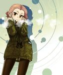  1girl black_legwear breath brown_eyes closed_mouth coat commentary earbuds earphones fur-trimmed_sleeves fur_trim girls_und_panzer gloves green_background green_coat grey_gloves grey_shorts highres long_sleeves looking_at_viewer medium_hair pantyhose r-ex red_hair rosehip_(girls_und_panzer) short_shorts shorts silhouette solo standing 