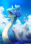  :d afloat cloud commentary_request day gen_1_pokemon gen_2_pokemon gen_4_pokemon highres lapras looking_up manaphy mantine mythical_pokemon no_humans on_head open_mouth outdoors pokemon pokemon_(creature) pokemon_on_head riding riding_pokemon sky smile tongue water yuro_(mangasukinoyuro) 