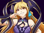  1girl ahoge alkyun bare_shoulders blonde_hair breasts choker cleavage corruption cygames dark_persona dragalia_lost evil evil_smile hair_ribbon hand_on_own_face highres horn_ornament horns large_breasts long_hair looking_afar looking_at_viewer md5_mismatch morsayati nintendo possessed purple_background red_eyes ribbon signature smile zethia 