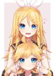  1boy 1girl ahoge bangs blonde_hair blue_eyes blush border closed_mouth commentary detached_sleeves eyebrows_behind_hair finger_to_cheek future_style_(module) hair_between_eyes hair_ornament hair_ribbon hairclip hands_on_another&#039;s_shoulders headphones heart highres kagamine_len kagamine_rin long_hair looking_at_viewer number_tattoo older open_mouth outside_border pout ribbon sailor_collar short_hair shoulder_tattoo simple_background soramame_pikuto sweatdrop tattoo upper_body upper_teeth vocaloid white_border white_ribbon 