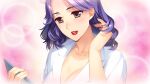  1girl breasts cleavage collarbone doukyuusei eyebrows_visible_through_hair game_cg hand_in_hair highres holding kusanagi_yayoi labcoat large_breasts long_hair official_art open_mouth purple_hair red_lips shiny shiny_hair solo sumeragi_kohaku upper_body 