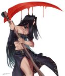  1boy asymmetrical_sleeves belt belt_buckle black_hair blood buckle choker grin guilty_gear guilty_gear_xx highres holding holding_weapon long_hair looking_to_the_side midriff otonaru scythe skirt smile straight_hair studded_choker testament_(guilty_gear) very_long_hair weapon 