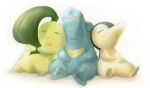  chikorita closed_eyes commentary_request cyndaquil gen_2_pokemon head_back leaning muji_bogi no_humans pokemon pokemon_(creature) sitting sleeping starter_pokemon_trio toes totodile white_background 