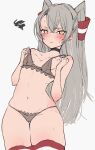  1girl amatsukaze_(kancolle) bra breasts brown_bra brown_panties chigasaki_y choker commentary_request cowboy_shot hair_tubes highres kantai_collection long_hair looking_at_viewer panties red_legwear silver_hair simple_background small_breasts solo squiggle striped striped_legwear thighhighs two_side_up underwear underwear_only white_background windsock 
