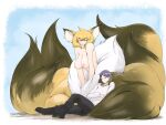  1boy 1girl animal_ear_fluff animal_ears blonde_hair boots breasts brown_eyes closed_eyes closed_mouth commentary_request eyebrows_visible_through_hair fox_ears fox_tail highres large_breasts long_pants long_sleeves luka_(mon-musu_quest!) mon-musu_quest! monster_girl multiple_tails nanabi_(mon-musu_quest!) nipples nude open_mouth pants purple_hair setouchi_(blackse) shirt simple_background sitting sleeping smile tail white_shirt 