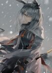 1girl absurdres animal_ears arknights bunny_ears cape commentary dutch_angle frostnova_(arknights) grey_cape grey_eyes grey_hair grey_shirt grey_sky hair_ornament hair_over_one_eye hairclip highres holding holding_knife knife lips open_mouth orange_ribbon outdoors ribbon shirt snow solo tadatsu upper_body 