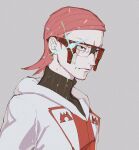  1boy bodysuit brown_bodysuit brown_eyes closed_mouth coat commentary_request glasses grey_background male_focus maxie_(pokemon) p-40_(tukinosita-de) pokemon pokemon_(game) pokemon_masters_ex red-framed_eyewear red_hair ribbed_bodysuit short_hair sketch solo upper_body white_coat 