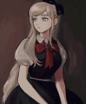  1girl arms_at_sides bangs black_bow blonde_hair bow braid brown_background cowboy_shot danganronpa_(series) danganronpa_2:_goodbye_despair dress french_braid grey_eyes hair_bow hair_ornament highres looking_to_the_side parted_lips puffy_short_sleeves puffy_sleeves red_bow red_neckwear renshu_usodayo ribbon shirt short_sleeves smile solo sonia_nevermind upper_body white_shirt 