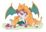  1girl berry charizard claws gen_1_pokemon green_shorts highres looking_at_another nose_bubble older one_eye_closed pepper_bottom pink_hair pokemon pokemon_(anime) poketoon red_sleeves shirt shorts sleeping tongue tongue_out tsubomi_(pokemon) white_shirt 