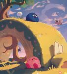  blue_sky blush_stickers bronto_burt closed_eyes cloud flower gooey gordo grass highres hill kirby kirby:_star_allies kirby_(series) no_humans shadow sky sleeping sunset suyasuyabi tree wall-eyed 