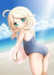  1girl ahoge ass ball beach beachball blonde_hair blue_swimsuit cloud from_behind green_eyes highres hosizora_mikoto idolmaster idolmaster_cinderella_girls long_hair looking_at_viewer looking_back low_twintails ocean one-piece_swimsuit open_mouth outdoors school_swimsuit sky solo swimsuit thighs twintails yusa_kozue 