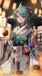  1girl absurdres blurry blush bow candy_apple closed_mouth depth_of_field eyebrows_visible_through_hair festival floral_print food food_stand ginyasama green_eyes green_hair hair_bow hair_ornament highres holding holding_food japanese_clothes kimono lantern looking_at_viewer mask night original paper_lantern short_hair smile solo standing summer_festival tagme wide_sleeves yukata 