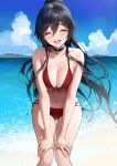  1girl :d ameyame bare_arms bare_shoulders beach bikini black_choker black_hair breasts choker cleavage closed_eyes day facing_viewer front-tie_bikini front-tie_top hands_on_own_thighs highres idolmaster idolmaster_shiny_colors jewelry large_breasts leaning_forward long_hair looking_at_viewer multi-strapped_bikini navel necklace ocean open_mouth outdoors ponytail red_bikini shirase_sakuya side-tie_bikini smile solo stomach string_bikini swimsuit thighs very_long_hair water wet 