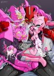  1boy 2girls blonde_hair breasts colored_skin cum cum_in_pussy dino_guy dragon_girl facial green_eyes hat highres holding juran_(zenkaiger) kikai_sentai_zenkaiger little_girl magine mecha mechanical_wings multiple_girls muscular panties pi10ro pink_panties pink_skin red_cheeks red_skin robot_girl robotboy sex super_sentai tokusatsu underwear wings witch witch_hat yellow_eyes zenkai_magine 