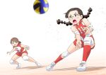  2girls action artist_name bangs black_hair braid brown_eyes brown_hair bumping commentary elbow_pads frown fukuda_haru girls_und_panzer glasses highres kawanishi_shinobu knee_pads leaning_forward leaning_to_the_side long_hair looking_at_another motion_blur multiple_girls no_socks open_mouth red_legwear red_shirt red_shorts rimless_eyewear round_eyewear satou_yasu shirt shoes short_hair short_ponytail short_shorts shorts signature single_vertical_stripe sleeveless sleeveless_shirt sneakers socks sportswear standing swept_bangs twin_braids twintails v-shaped_eyebrows volleyball volleyball_uniform white_background white_footwear 