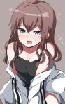  1girl :d bare_shoulders black_camisole blush breasts brown_hair camisole clothes_down fang highres jacket kurousagi_tetora long_hair medium_breasts open_clothes open_jacket open_mouth original silver_eyes skin_fang smile 