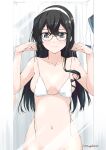  1girl bikini black_hair blue_eyes breasts changing_room collarbone commentary_request glasses hairband indoors kantai_collection long_hair mikage_takashi mirror navel ooyodo_(kancolle) reflection school_uniform serafuku small_breasts solo stomach swimsuit twitter_username white_bikini white_hairband 
