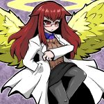  1girl angel angel_wings bangs black_legwear breasts closed_mouth collared_shirt commentary_request eyebrows_visible_through_hair feathered_wings halo hand_in_pocket labcoat long_hair miniskirt mon-musu_quest! nimura_mutsutoshi pantyhose promestein red_eyes red_hair shirt sidelocks simple_background skirt solo sweater wings 