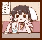  1girl bangs black_eyes black_hair carrot_necklace commentary_request cup drinking drinking_glass drinking_straw eyebrows_visible_through_hair floppy_ears ice ice_cube inaba_tewi one-hour_drawing_challenge poronegi short_hair short_sleeves sitting solo table touhou translation_request upper_body 