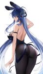  1girl absurdly_long_hair absurdres anchor_ornament animal_ears arm_strap ass azur_lane bangs bare_back bare_shoulders black_legwear black_leotard blue_eyes blue_hair breasts bunny_ears crossed_bangs eyebrows_visible_through_hair from_behind hair_between_eyes hair_intakes highres large_breasts leotard leotard_pull light_smile long_hair looking_at_viewer looking_back new_jersey_(azur_lane) new_jersey_(exhilarating_steps!)_(azur_lane) official_alternate_costume pantyhose playboy_bunny solo sweat thighs thong_leotard very_long_hair yamiiv 