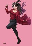  1girl absurdres blue_eyes boots breasts brown_hair cleavage coat cosplay fate_(series) fingerless_gloves gloves highres jewelry long_coat long_hair nanni_jjang necklace red_coat solo standing standing_on_one_leg tears tohsaka_rin two_side_up wanda_maximoff wanda_maximoff_(cosplay) 