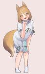  1girl :d absurdres animal_ears bad_feet blush brown_eyes commentary_request fox_ears fox_girl fox_shadow_puppet fox_tail full_body hair_between_eyes highres kudamaki_tsukasa leaning_forward mash_illust open_mouth post short_sleeves simple_background smile solo tail touhou white_footwear 