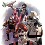  2boys 2others birdo black_shirt elbow_pads facial_hair food gas_mask goggles green_headwear holding holding_food holding_knife holding_vegetable jumpsuit junny knee_pads knife looking_up luigi male_focus mario mario_(series) mask monster multiple_boys multiple_others mustache open_mouth orange_jumpsuit phanto realistic red_headwear saliva shaded_face shirt shy_guy snifit stubble super_mario_bros._2 vegetable white_jumpsuit 